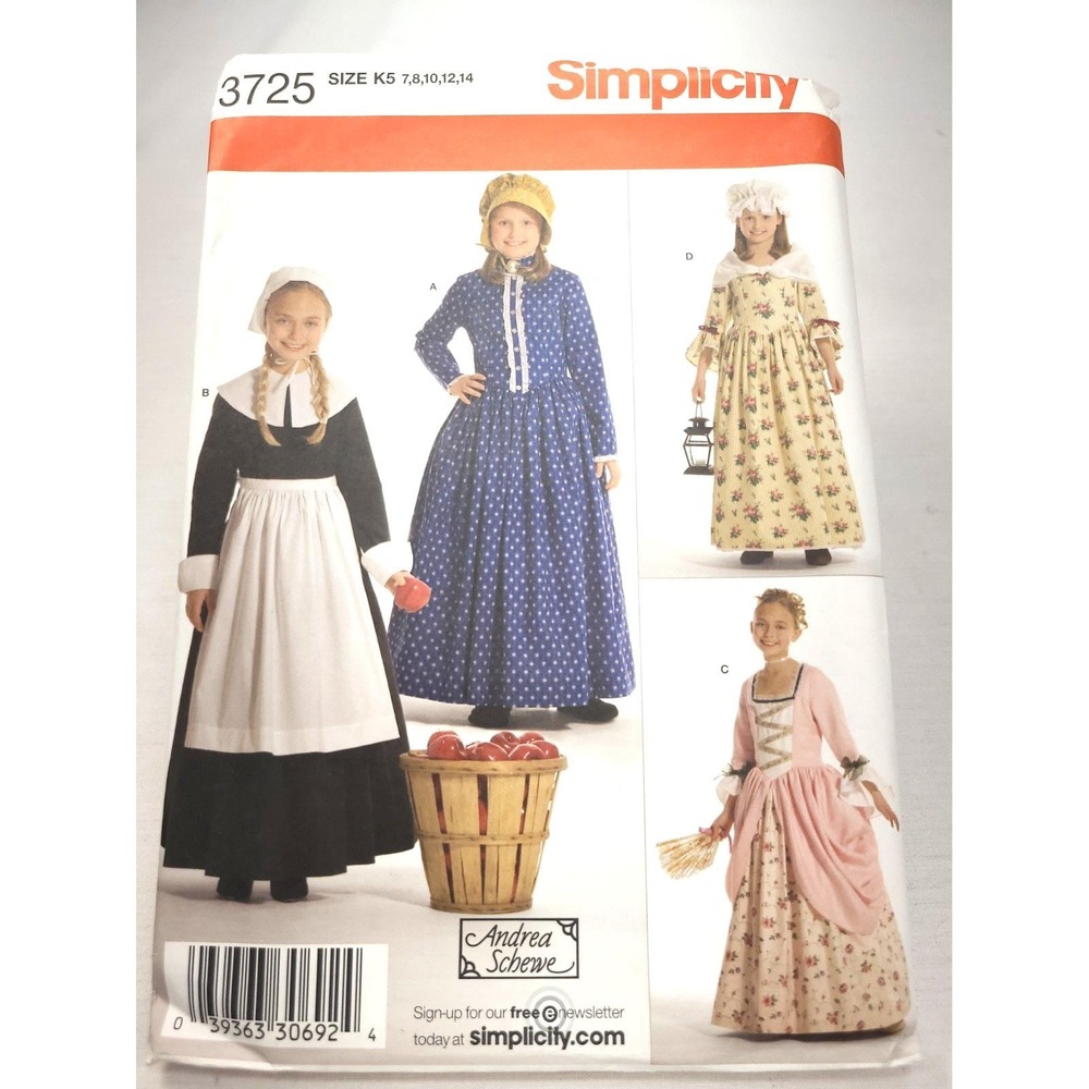 UNCUTPrairie Colonial Pilgrim Dress Costume Girl's Size 7-14 Simplicity 3725